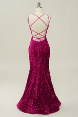 Party Dress Teens, Hot Pink Sequin Spaghetti Straps Mermaid Prom Dress with Lace-up Back