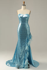 Party Dress And Style, Sky Blue Sweetheart Sequined Mermaid Prom Dress With Feathers