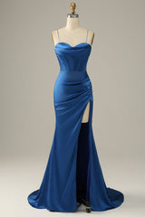 Summer Wedding Color, Royal Blue Spaghetti Straps Mermaid Prom Dress