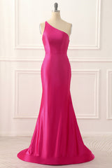 Homecomming Dress Long, One Shoulder Hot Pink Satin Backless Long Prom Dress