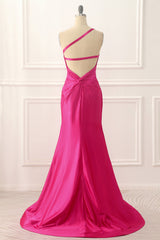 Homecoming Dresses 2031, One Shoulder Hot Pink Satin Backless Long Prom Dress