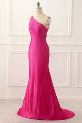 Homecoming Dress 2024, One Shoulder Hot Pink Satin Backless Long Prom Dress