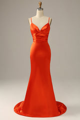 Party Dress Cheap, Orange Spaghetti Straps Mermaid Prom Dress