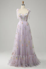 Bridesmaid Dress Dark Green, Lilac Embroidery Corset Long Prom Dress