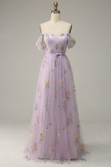 Party Dress Bridal, Lavender A Line Tulle Off Shoulder Prom Dress