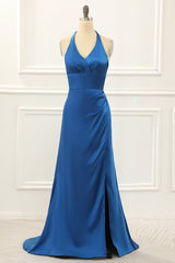 Prom Dresses Uk, Royal Blue Halter Simple Prom Dress with Slit