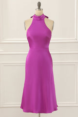 Sweet 25 Dress, Fuchsia Satin Halter Short Simple Prom Dress