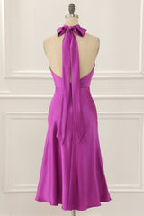 Fairytale Dress, Fuchsia Satin Halter Short Simple Prom Dress
