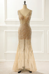 Prom Dress Long Sleeved, Golden Sparkly Prom Dress With Open Back