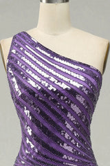 Party Dress Size 26, Purple Sequin One Shoulder Prom Dress with Slit