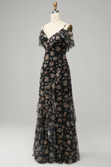 Party Dress Lace, Black Chiffon Off Shoulder Prom Dress with Floral