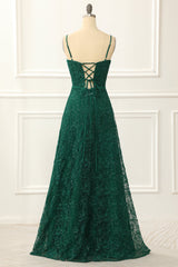 Homecoming Dress Black, Dark Green Spaghetti Straps A Line Lace Prom Dress