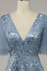 Evening Dresses Elegant, Grey Blue Tulle Embroidered Leaves Prom Dress