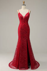 Party Dress Australia, Dark Red Spaghetti Straps Mermaid Prom Dress with Slit