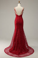Party Dresses With Sleeves, Dark Red Spaghetti Straps Mermaid Prom Dress with Slit