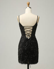 Prom Dresses Different, Black Spaghetti Straps Corset Back Sequin Homecoming Dress