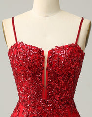 Formal Dresses With Tulle, Red Sheath Corset Back Short Sequin Homecoming Dress