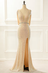 Prom Dress Chiffon, Champagne Sequins Long Prom Dress with Slit