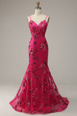 Party Dresses For Teenage Girls, Hot Pink Sequins Print Mermaid Prom Dress