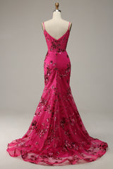 Party Dresses For Teenage Girl, Hot Pink Sequins Print Mermaid Prom Dress