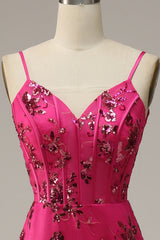 Party Dress For Teenage Girl, Hot Pink Sequins Print Mermaid Prom Dress
