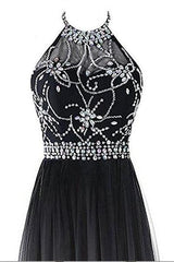Prom Dress Long, Classy Black And White Halter Lace Up Long Beaded Prom Dress