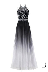 Prom Dresses For Teens, Classy Black And White Halter Lace Up Long Beaded Prom Dress