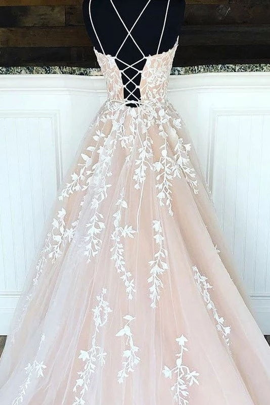 Party Dress Long Sleeve, Hottest Elegant Spaghetti Straps Backless Lace Long Princess Prom Dresses For Teens