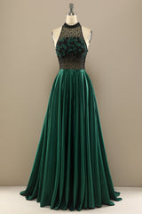 Black Bridesmaid Dress, Dark Green Long Beaded Prom Dress With Flowers