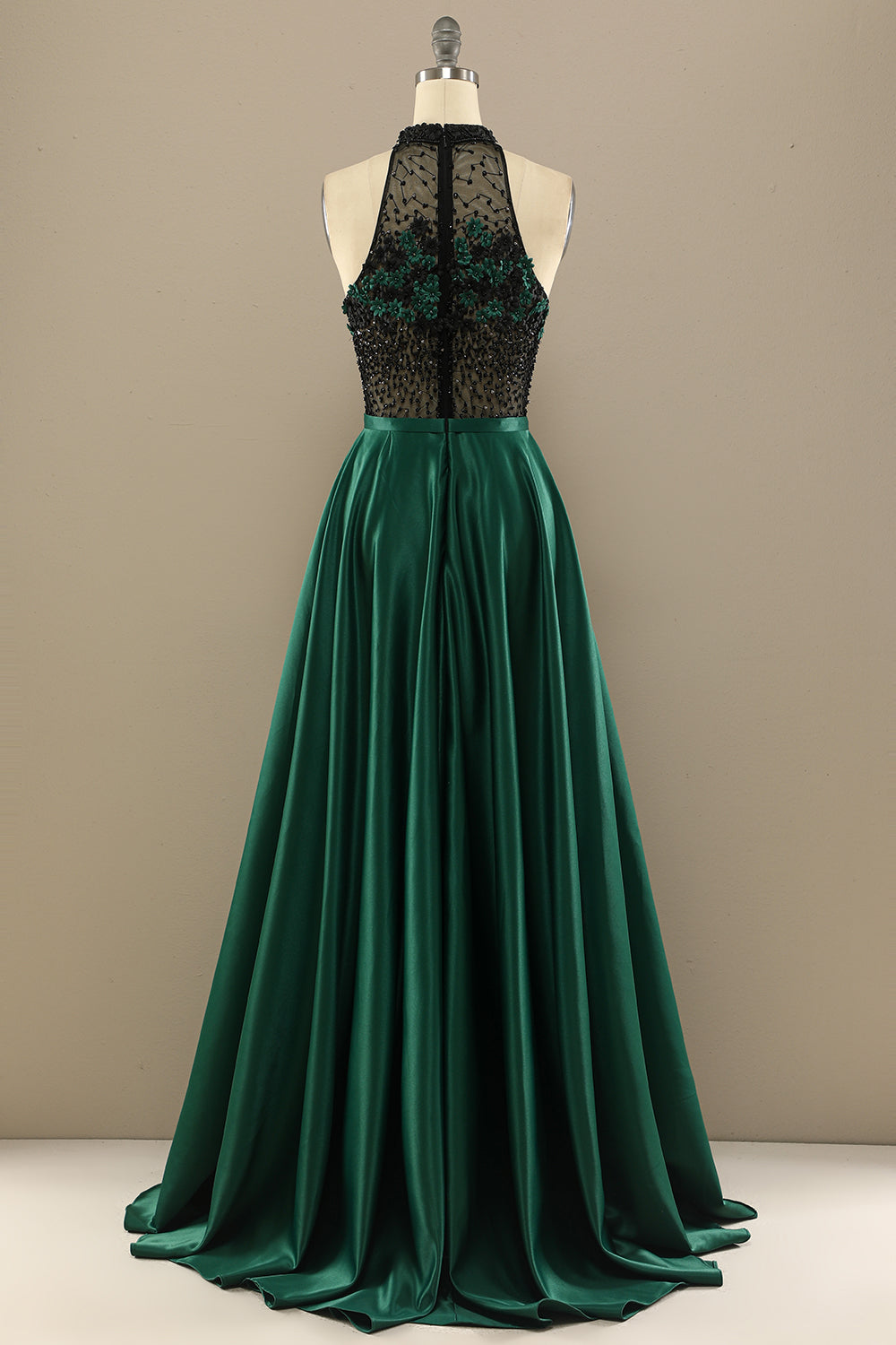 Evening Gown, Dark Green Long Beaded Prom Dress With Flowers