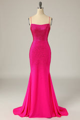 Party Dresses Casual, Mermaid Spaghetti Straps Hot Pink Sequins Long Prom Dress
