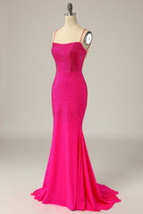 Party Dresses Vintage, Mermaid Spaghetti Straps Hot Pink Sequins Long Prom Dress