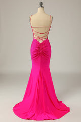 Party Dress Spring, Mermaid Spaghetti Straps Hot Pink Sequins Long Prom Dress