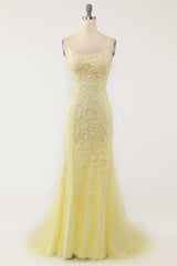 Evening Dresses For Party, Yellow Mermaid Long Prom Dress with Appliques