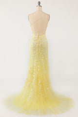 Evening Dress For Party, Yellow Mermaid Long Prom Dress with Appliques