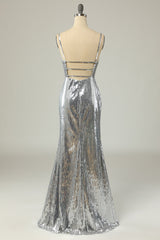 Dress Ideas, Mermaid Spaghetti Straps Silver Sequins Long Prom Dress Backless