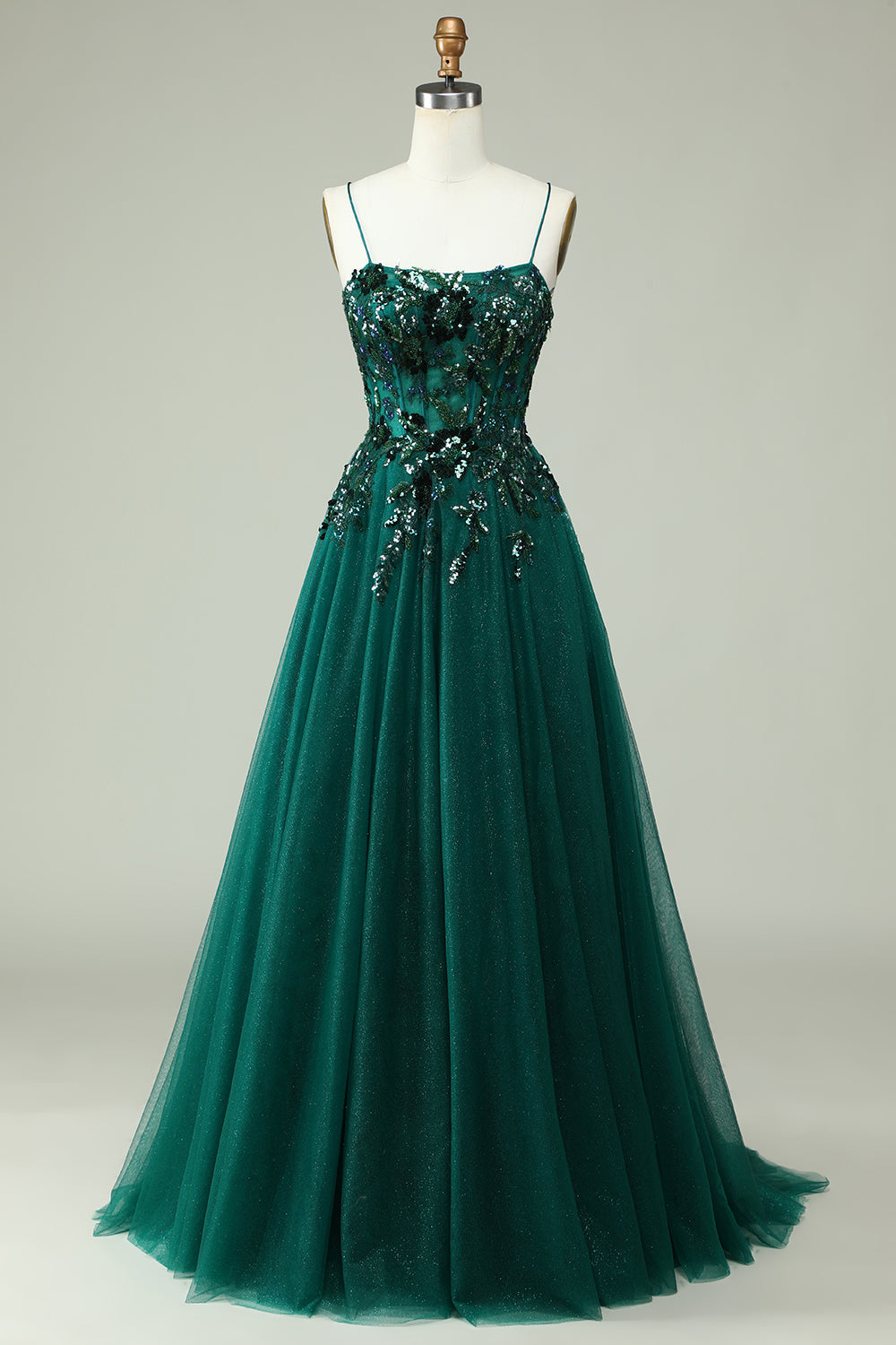 Prom Dresses Website, A Line Spaghetti Straps Dark Green Corset Prom Dress with Appliques