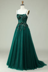 Prom Dress Website, A Line Spaghetti Straps Dark Green Corset Prom Dress with Appliques