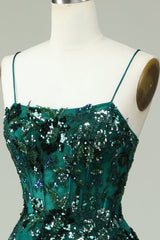 Prom Dresses Sites, A Line Spaghetti Straps Dark Green Corset Prom Dress with Appliques