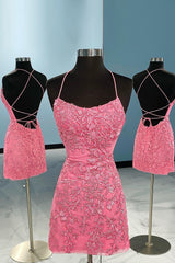 Evening Dress V Neck, Coral Short Tight Homecoming Dress with Lace Beading