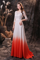 Homecoming Dresses With Sleeves, A Line 3/4 Sleeve Ombre Silk Like Satin Sweep Train Prom Dresses