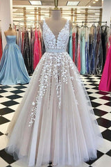 Party Dresses Design, A Line Applique Tulle Prom Dress, Long V Neck Sleeveless Party Dress with Beading