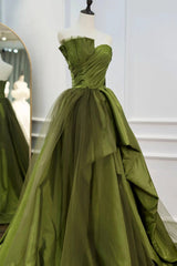 Prom Inspo, A Line Asymmetrical Strapless Green Long Prom Dress with Ruffles