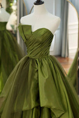 Debutant Dress, A Line Asymmetrical Strapless Green Long Prom Dress with Ruffles