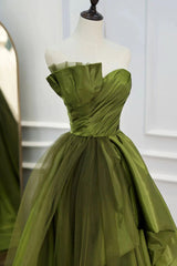 Royal Dress, A Line Asymmetrical Strapless Green Long Prom Dress with Ruffles