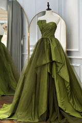 Cocktail Dress Prom, A Line Asymmetrical Strapless Green Long Prom Dress with Ruffles