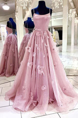 Party Dresses Classy Christmas, A Line Backless Pink Floral Long Prom Dress, Pink Floral Formal Graduation Evening Dress