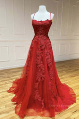 Formal Dresses Long Sleeves, A Line Backless Red Lace Long Prom Dress, Long Red Lace Formal Dress, Red Evening Dress