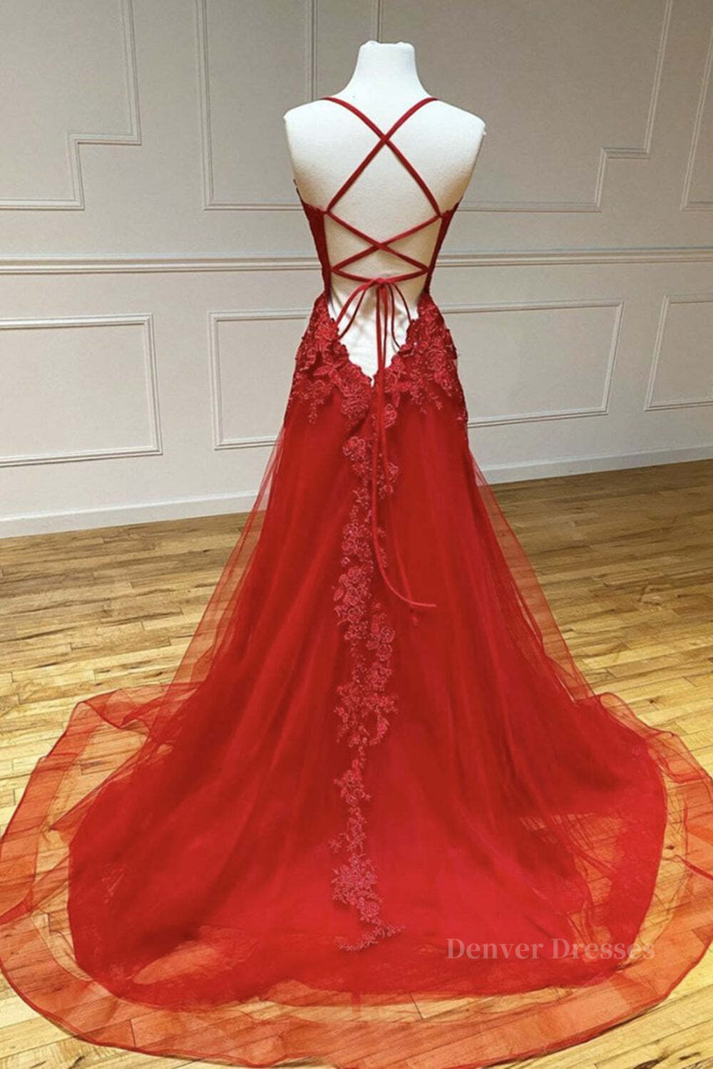 Formal Dresses For Middle School, A Line Backless Red Lace Long Prom Dress, Long Red Lace Formal Dress, Red Evening Dress