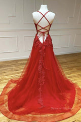Formal Dresses For Middle School, A Line Backless Red Lace Long Prom Dress, Long Red Lace Formal Dress, Red Evening Dress